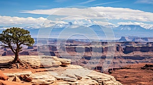 A gorgeous scenery of a canyon with eroded rocks and buttes and distant mountains in the view