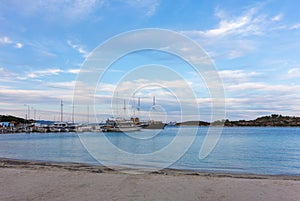 Gorgeous sea and sky colors in the dusk in the little Ormos Panagias gulf, Sithonia, Chalkidiki, Greece