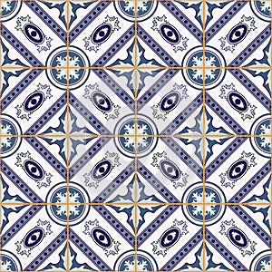 Gorgeous seamless patchwork pattern from dark blue and white Moroccan, Portuguese tiles, Azulejo, ornaments.