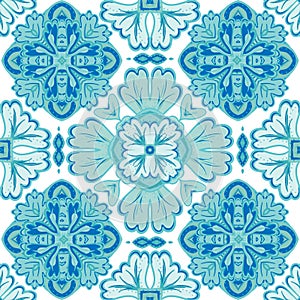Gorgeous seamless patchwork pattern from dark blue and white Moroccan, Portuguese tiles, Azulejo, ornaments.