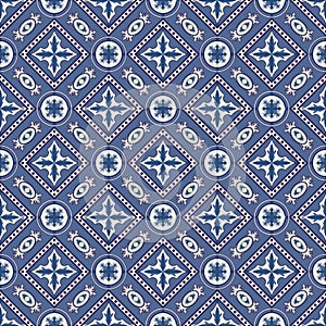 Gorgeous seamless patchwork pattern from dark blue and white Moroccan, Portuguese tiles, Azulejo, ornaments. ace textures.