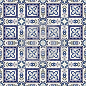 Gorgeous seamless patchwork pattern from dark blue and white Moroccan, Portuguese tiles, Azulejo, ornaments. ace textures.