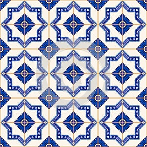 Gorgeous seamless patchwork pattern from dark blue and white Moroccan, Portuguese tiles, Azulejo, ornaments.