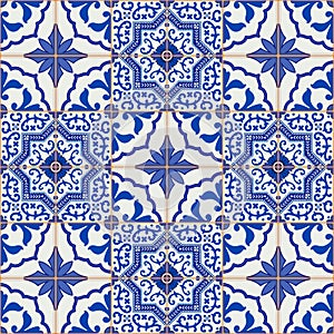 Gorgeous seamless patchwork pattern from dark blue and white Moroccan, Portuguese tiles, Azulejo, ornaments. photo
