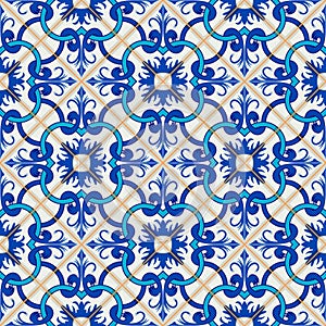 Gorgeous seamless patchwork pattern from dark blue and white Moroccan, Portuguese tiles, Azulejo, ornaments.