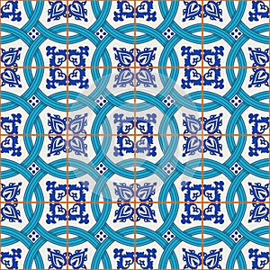 Gorgeous seamless patchwork pattern from dark blue and white Moroccan, Portuguese tiles, Azulejo, ornaments.