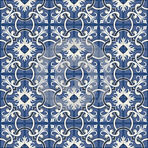 Gorgeous seamless patchwork pattern from dark blue and white Moroccan tiles, ornaments.