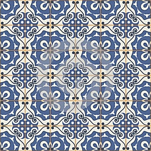 Gorgeous seamless patchwork pattern from dark blue and white Moroccan tiles, ornaments.