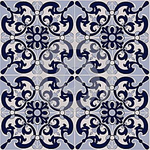 Gorgeous seamless patchwork pattern from dark blue and white tiles, ornaments.