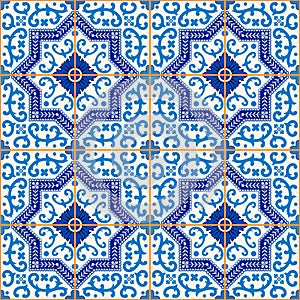 Gorgeous seamless pattern from dark blue and white Moroccan, Portuguese tiles, Azulejo, ornaments.