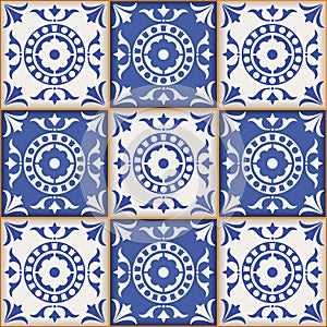 Gorgeous seamless pattern from dark blue and white Moroccan, Portuguese tiles, Azulejo, ornaments.