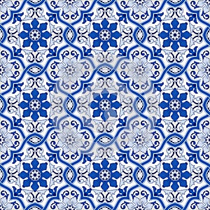 Gorgeous seamless pattern from dark blue and white Moroccan, Portuguese tiles, Azulejo, ornaments. Can be used for