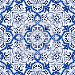 Gorgeous seamless pattern from dark blue and white Moroccan, Portuguese tiles, Azulejo, ornaments. Can be used for photo