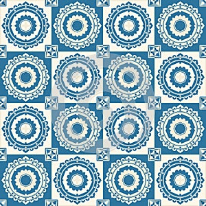 Gorgeous seamless pattern from dark blue and white Moroccan, Portuguese tiles, Azulejo, ornaments. Can be used for