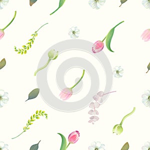 Gorgeous seamless pattern with floral elements, flower buds, inflorescences and green leaves against white background