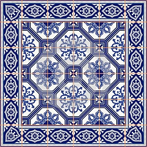 Gorgeous seamless pattern from tiles and border. Moroccan, Portuguese, Azulejo ornaments. photo