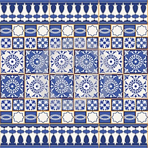 Gorgeous seamless pattern from tiles and border. Moroccan, Portuguese, Azulejo ornaments. photo