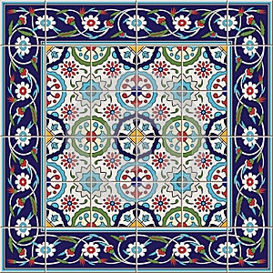 Gorgeous seamless pattern from tiles and border. Moroccan, Portuguese,Turkish, Azulejo ornaments.