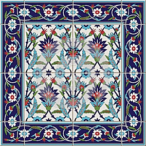 Gorgeous seamless pattern from tiles and border. Moroccan, Portuguese,Turkish, Azulejo ornaments. photo