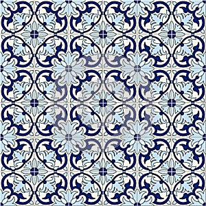 Gorgeous seamless pattern white blue Moroccan, Portuguese tiles, Azulejo, ornaments. Can be used for wallpaper, pattern