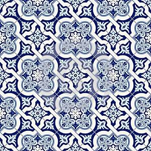 Gorgeous seamless pattern white blue Moroccan, Portuguese tiles, Azulejo, ornaments. Can be used for wallpaper, pattern