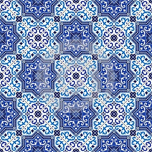 Gorgeous seamless pattern white blue Moroccan, Portuguese tiles, Azulejo, ornaments. Can be used for wallpaper, pattern