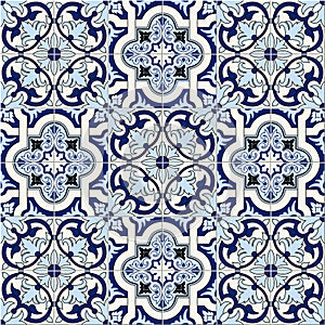 Gorgeous seamless pattern white blue Moroccan, Portuguese tiles, Azulejo, ornaments. Can be used for wallpaper, pattern photo