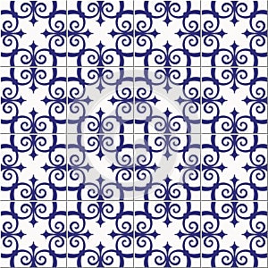 Gorgeous seamless pattern white blue Moroccan, Portuguese tiles, Azulejo, ornaments. Can be used for wallpaper, pattern