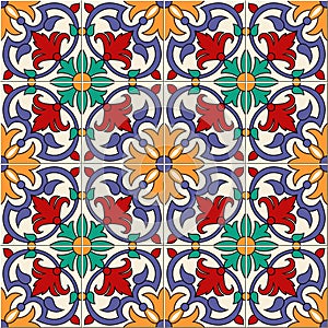 Gorgeous seamless pattern white colorful Moroccan, Portuguese tiles, Azulejo, ornaments. Can be used for wallpaper