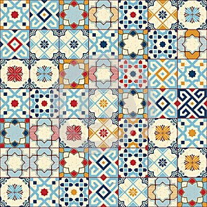 Gorgeous seamless pattern white colorful Moroccan, Portuguese tiles, Azulejo, ornaments. Can be used for wallpaper