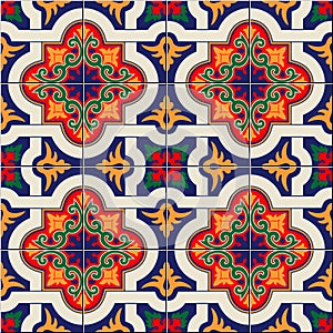 Gorgeous seamless pattern white colorful Moroccan, Portuguese tiles, Azulejo, ornaments. Can be used for wallpaper photo