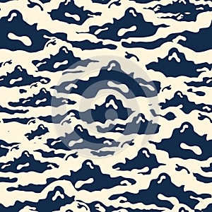 Gorgeous seamless pattern with white and navy blue umulus clouds hand drawn in pop art style. Cloudy weather and