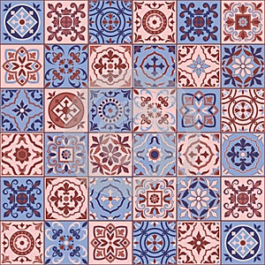Gorgeous seamless pattern white Rose Quartz and Serenity colors Moroccan, Portuguese tiles, Azulejo, ornaments