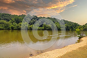 A gorgeous shot of the still waters of the Chattahoochee river with lush green trees on the banks of the river with blue sky