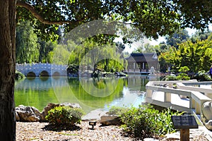 A gorgeous shot of the stone bridge with 3 circles over the green lake surrounded by lush green and autumn colored trees