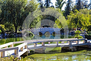 A gorgeous shot of the stone bridge with 3 circles over the green lake surrounded by lush green and autumn colored trees