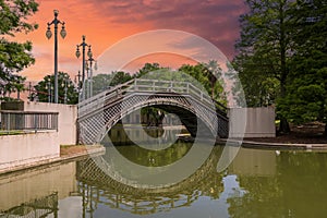 a gorgeous spring landscape at Louis Armstrong Park with lush green trees, plants and grass, a lake and powerful clouds at sunset