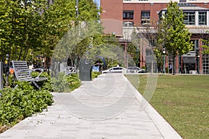 A gorgeous spring landscape at Miller Park with lush green trees and grass, gray metal benches, office buildings and cars