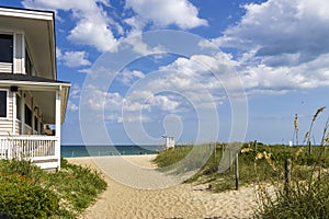 A gorgeous summer landscape at the beach with blue ocean water, silky brown sand, lush green plants and grass, a lifeguard tower