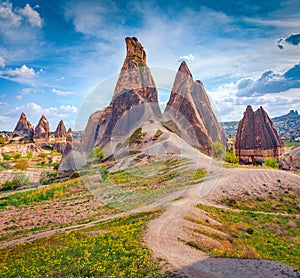 Gorgeous summer view of Cappadocia. Breathtaking morning scene of Red Rose valley