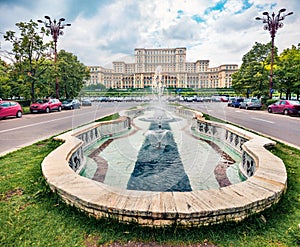 Gorgeous summer view of Palace of the Parliament. Picturesque morning cityscape of Bucharest city - Romania, Europe. Traveling