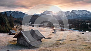 Gorgeous sunrise over the Alps at Geroldsee in Germany