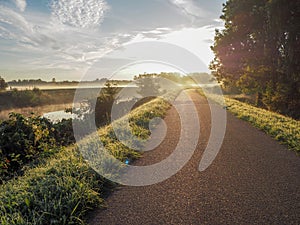 Gorgeous sunrise over the pathway next the river Dyle, Mechelen