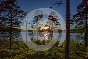 Gorgeous sunset on forest lake view. Beautiful summer backgrounds. Europe.