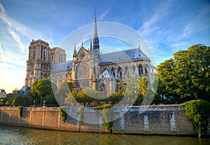 Gorgeous sunset over Notre Dame cathedral with puffy clouds, Par