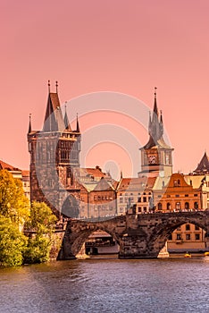 Gorgeous sunset over the old town Charles Bridge Tower Gateway in Prague, Czech Republic, summer time