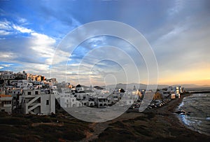 Greece- Naxos- Panorama of Naxos Town and Coast at Sunset