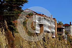 Gorgeous Traditional Vintage Buildings on the Cliff Overlooking the Mtkvari River in Tbilisi, Georgia