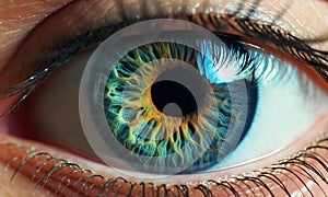 Gorgeous turquoise iris of an epic eye, beautiful woman eye, closeup shot. Generative AI