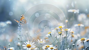 Gorgeous untamed blooms Close-up macro of daisies and butterfly amid a cold morning mist in nature during spring